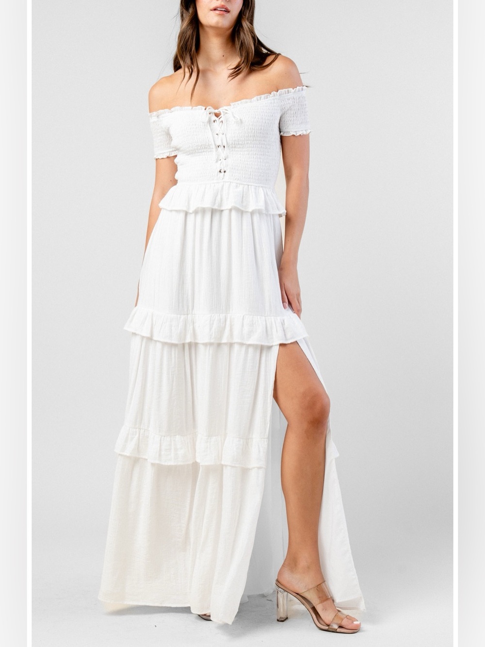 Beivy Off-Shoulder White Ruffle Maxi Dress Size Medium